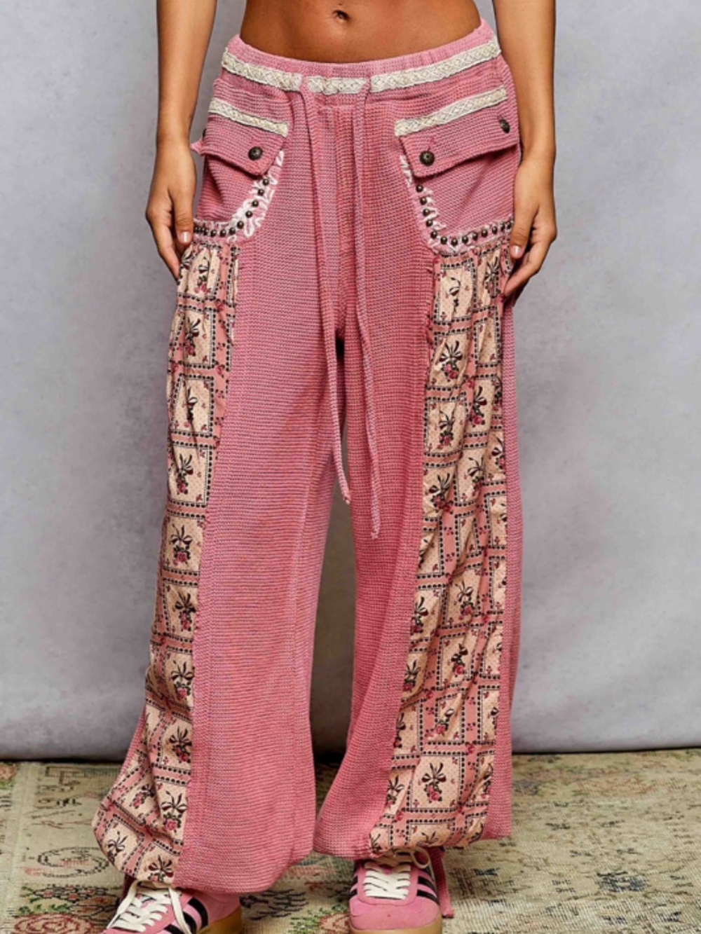🌟 “The Nadea" Punch Pink Floral Stud Pockets Drawstring Pants